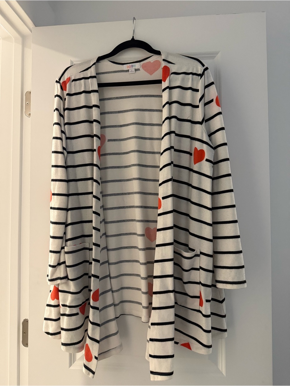Striped Open-Front Cardigan with Heart Print - White/Coral